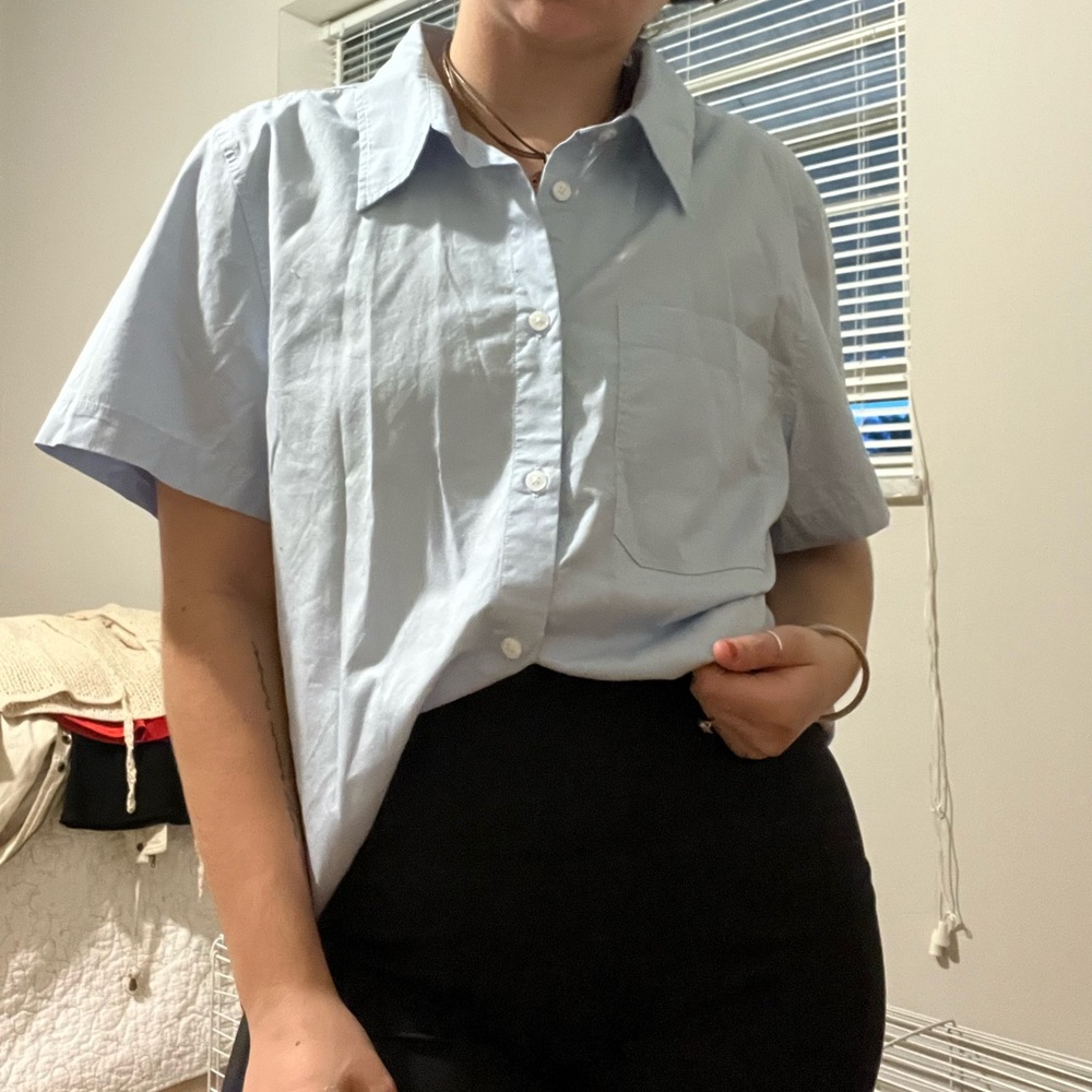 Sunday Best Aritizia light blue short sleeve button down shirt
